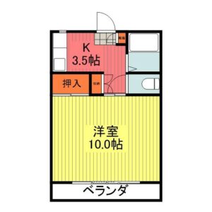 防府市大字伊佐江1Kドエルはなぎ207号室の間取り。洋室10畳、押し入れ、キッチン3.5畳、風呂トイレ別。